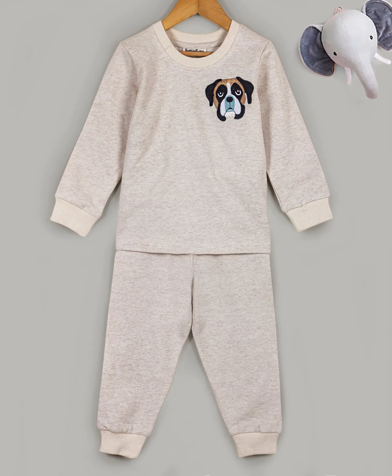 Beige Dog face embroidery tracksuit