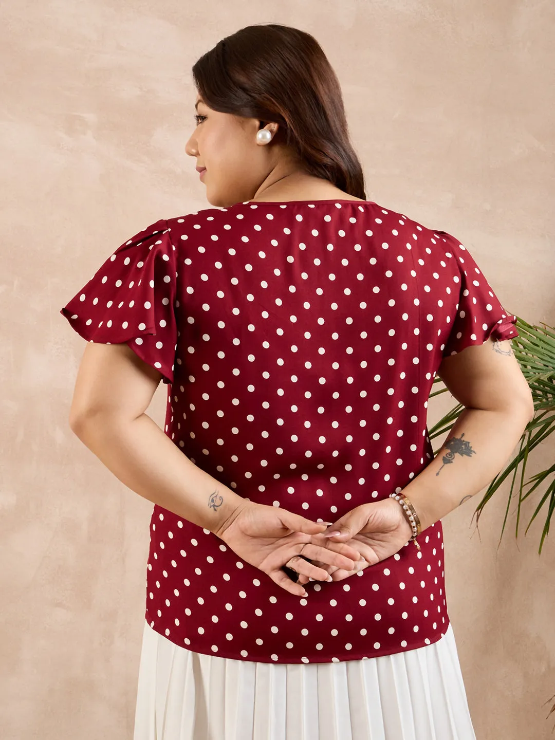 Berrylush Curve Women Red & White Polka Dot Printed Round Neck Puff Sleeves Straight Hem Pleated Regular Top