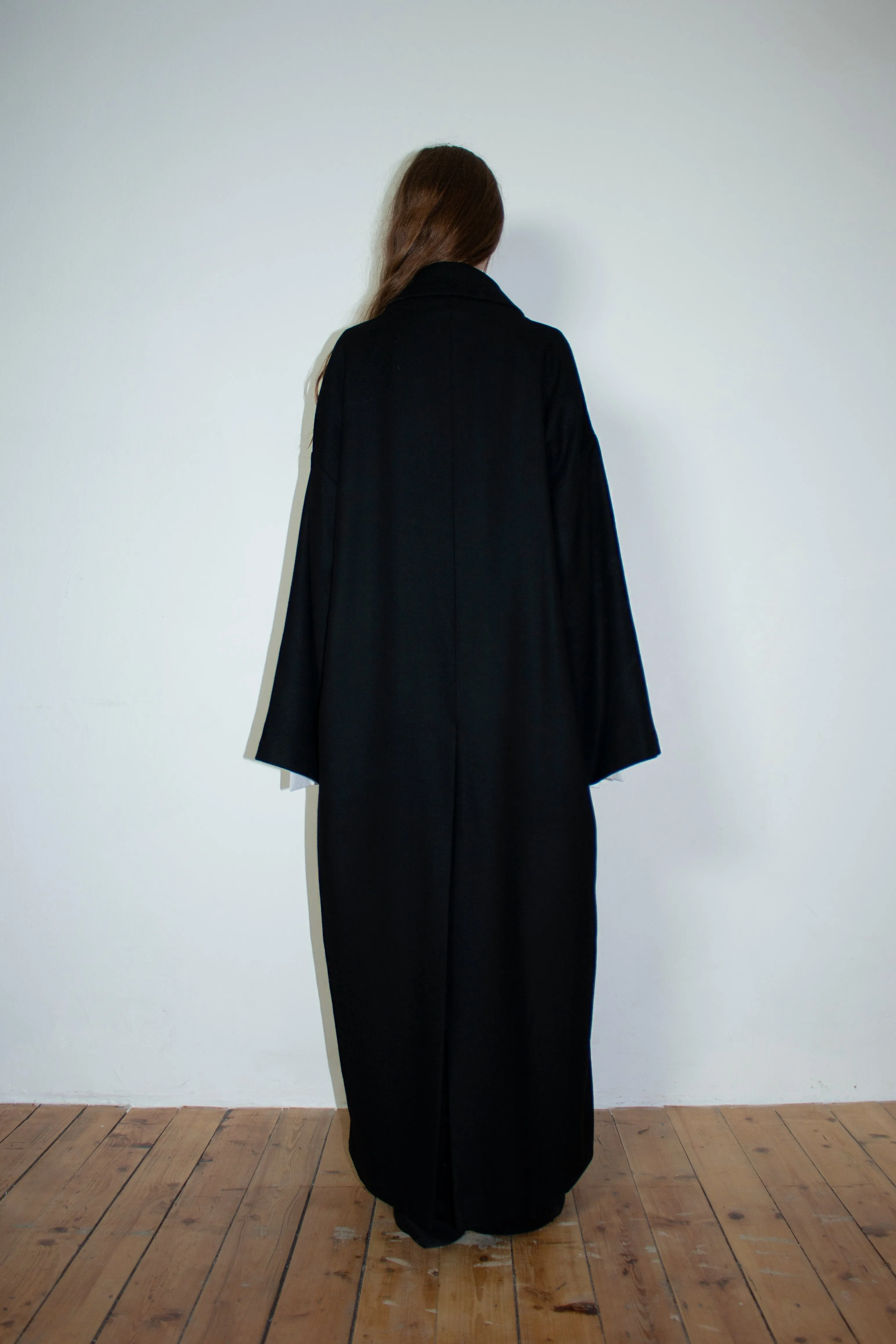 Black double shawl wool coat