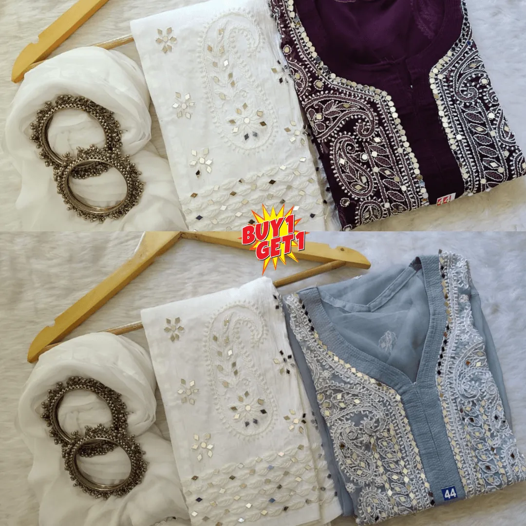 Buy 1 Get 1 Combo Price Georgette Mirror Gala Booti Chikankari Set with Beautiful Handwork (Purple/Grey)