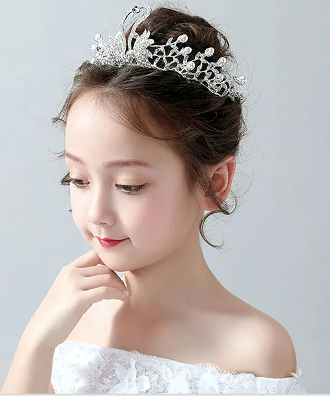 DIY Silk Alloy Zircon Pearl Little Swan Kids Crown IU046