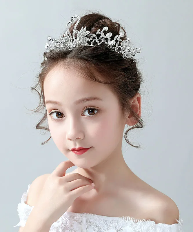 DIY Silk Alloy Zircon Pearl Little Swan Kids Crown IU046