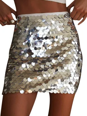 Eyicmarn Women Glitter Mini Skirt, High Waist Disco Sequin Club Skirt Stage Performance Clothes