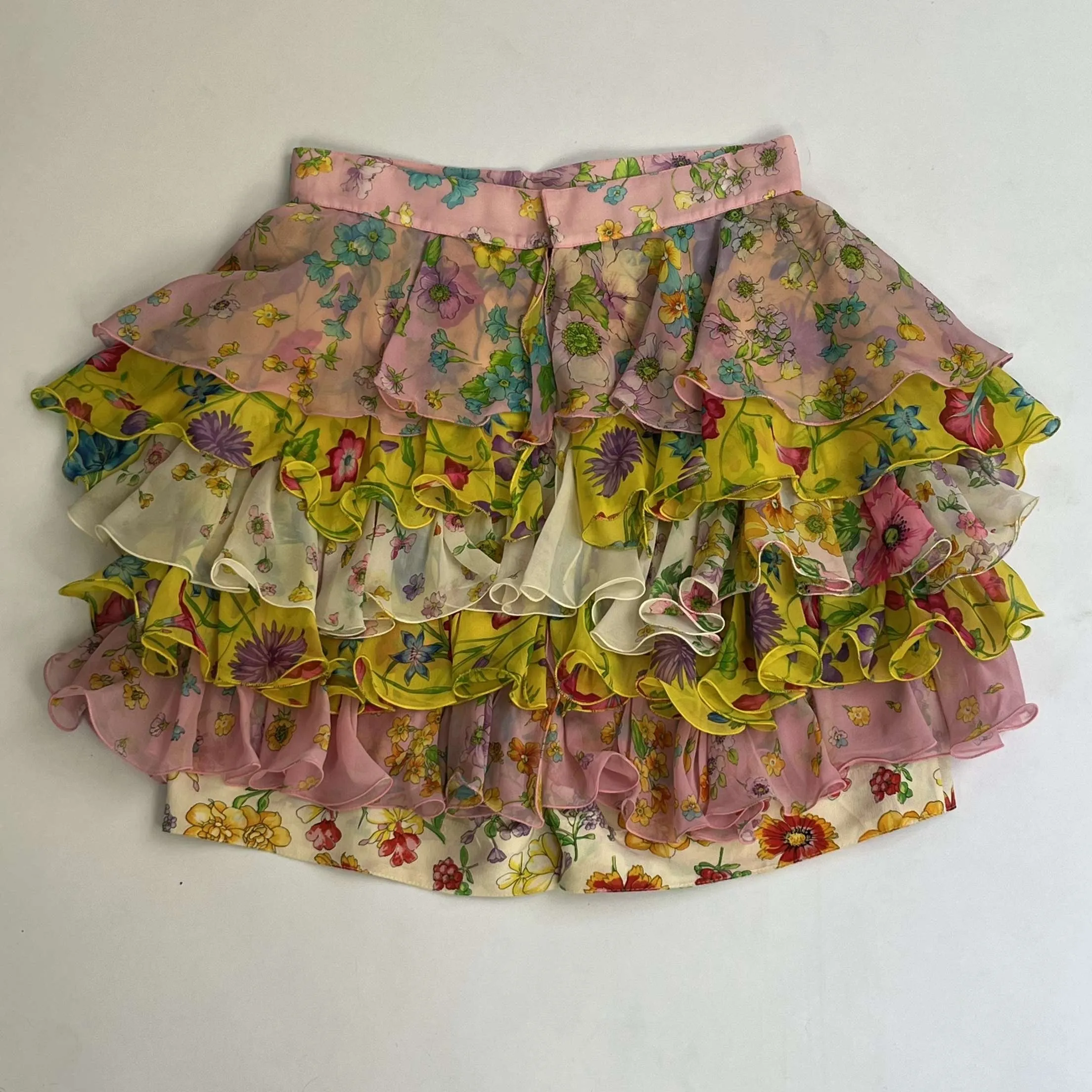 Gianni Versace Pink & Yellow Floral Print Silk Skort S