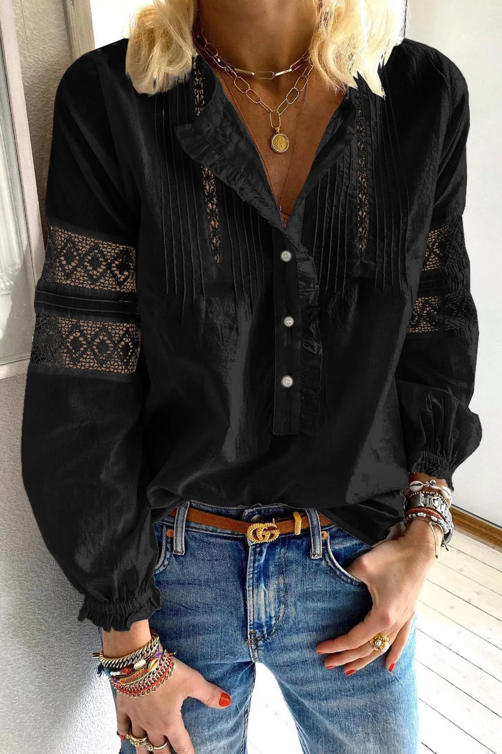 Lace Crochet Button-up Long Sleeve Shirt