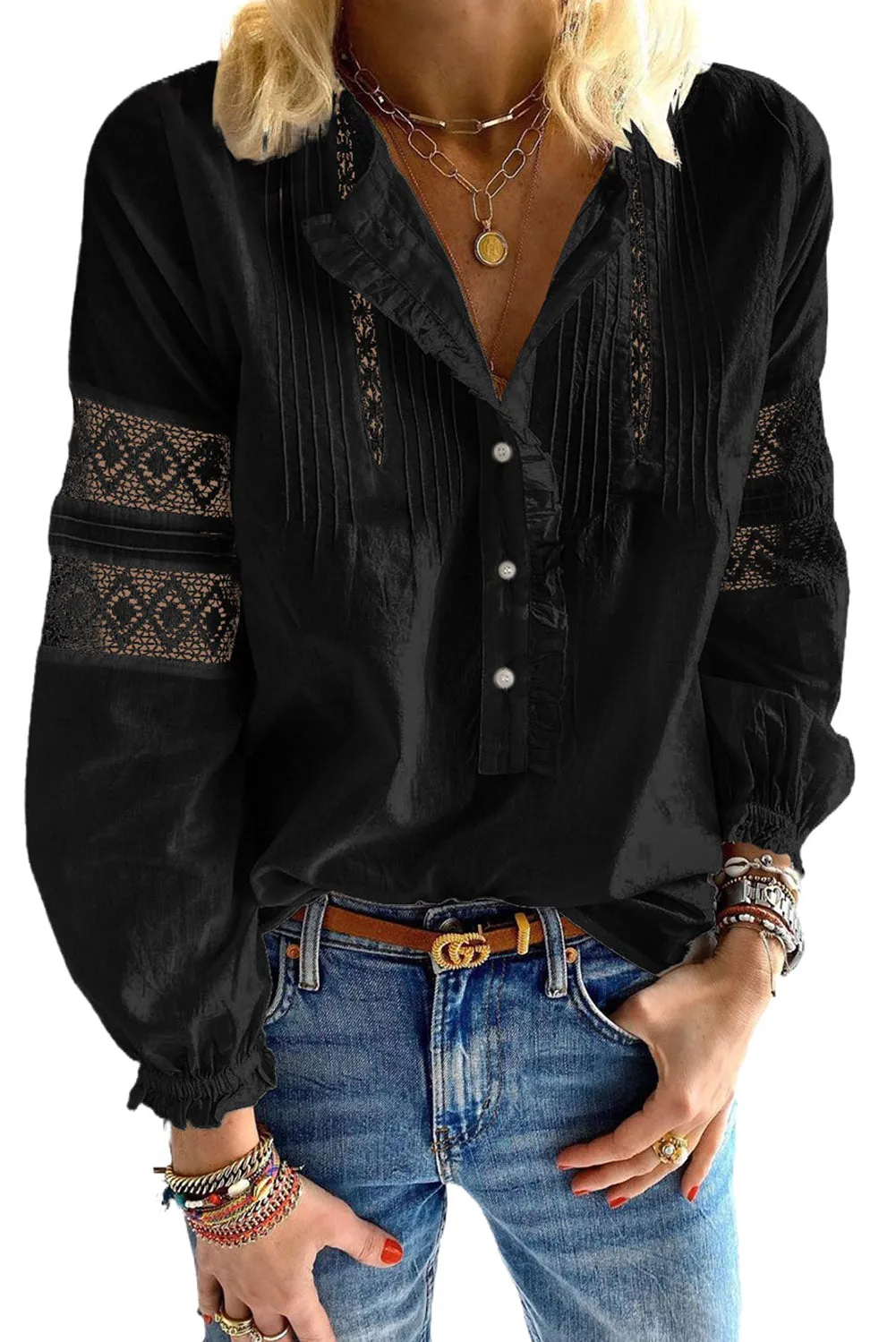 Lace Crochet Button-up Long Sleeve Shirt