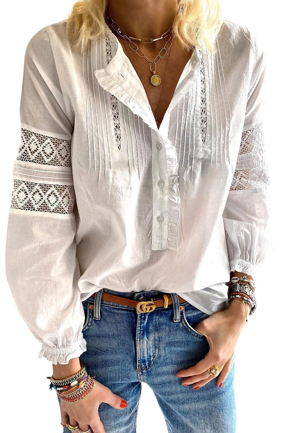 Lace Crochet Button-up Long Sleeve Shirt