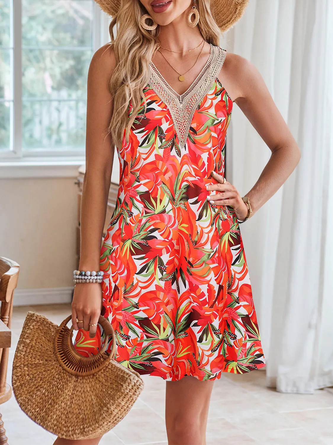 Lace Detail Printed V-Neck Sleeveless Dress