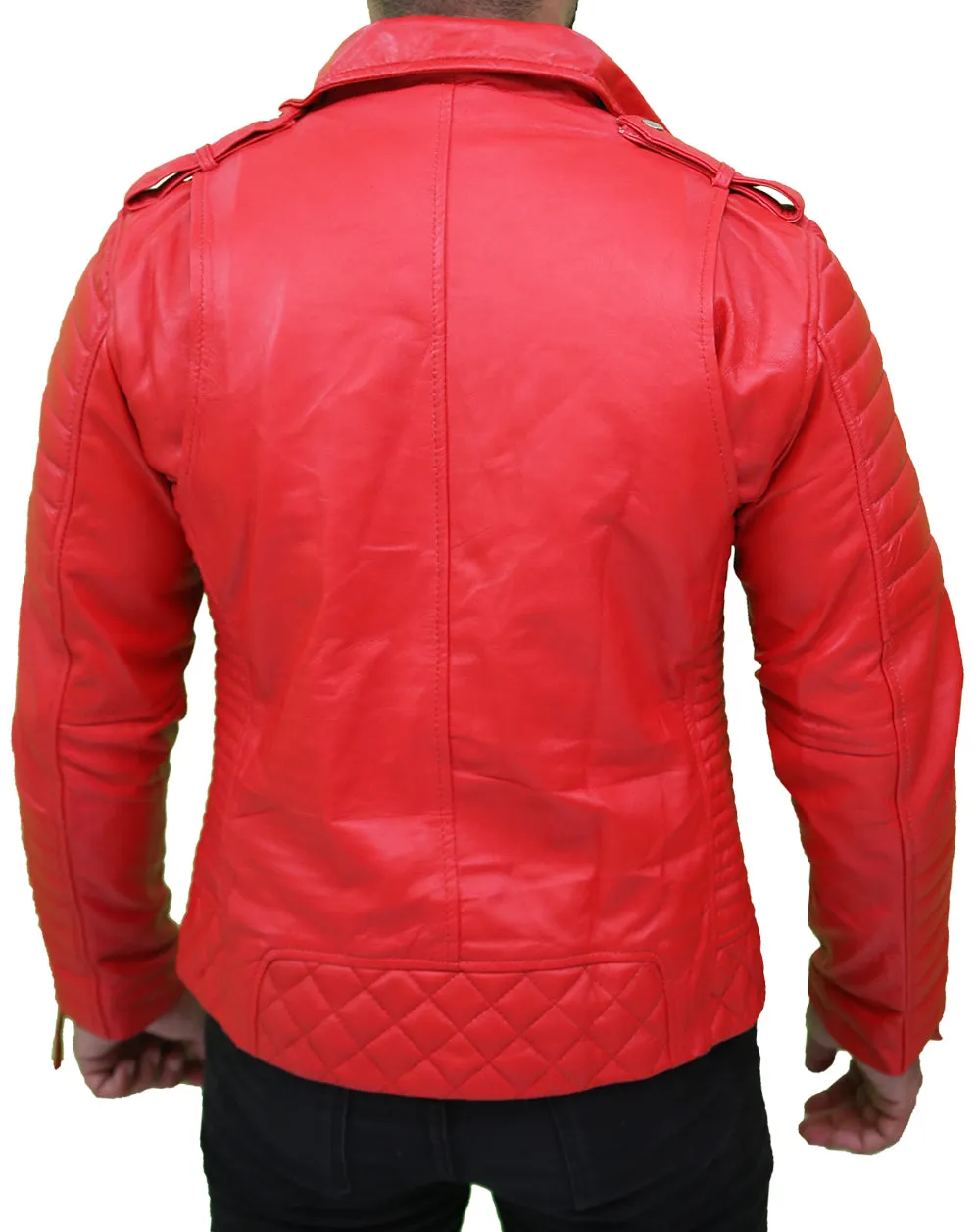 Men's Quilted Asymmetrical Red Leather Jacket