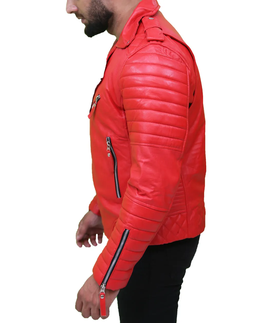 Men's Quilted Asymmetrical Red Leather Jacket