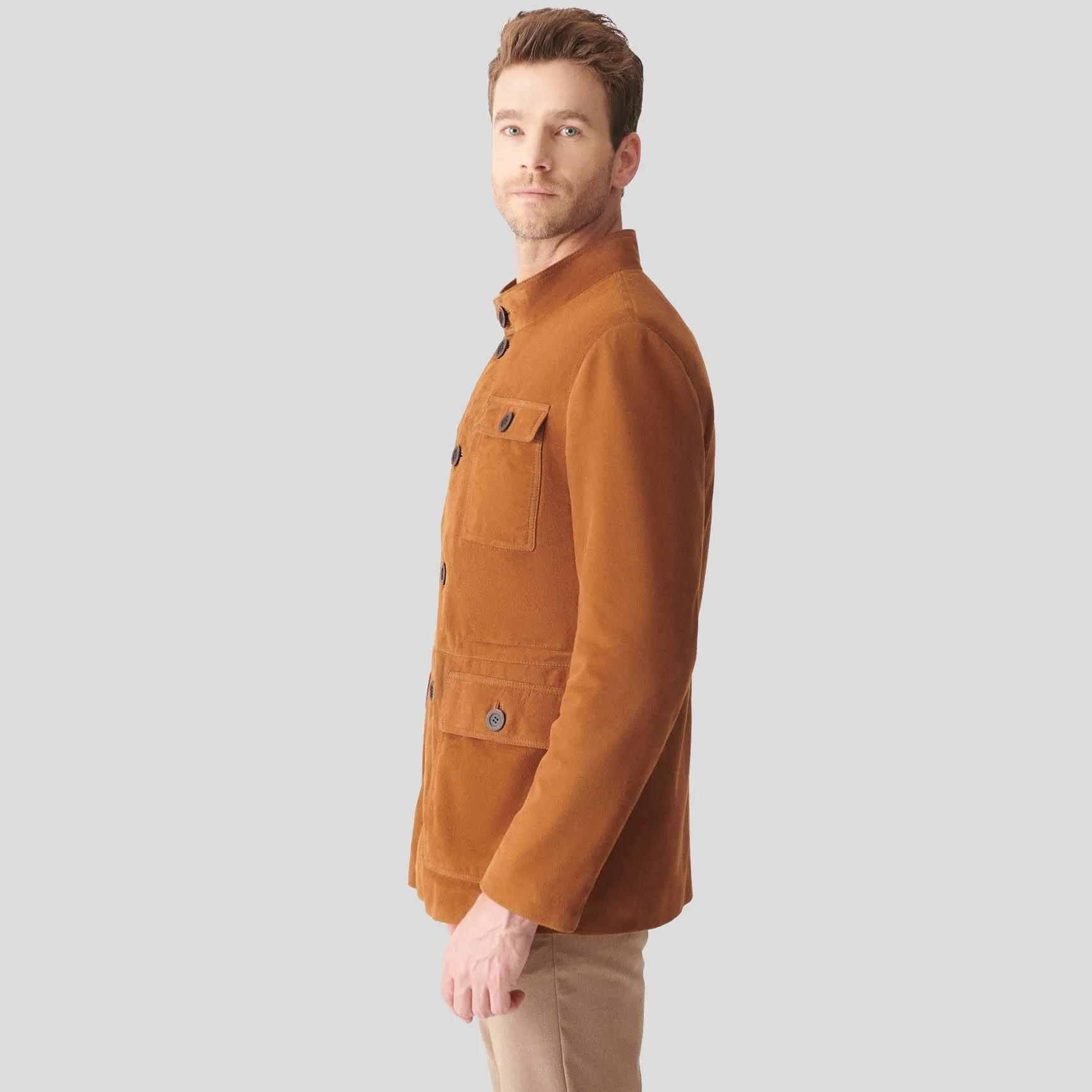 Mens Tan Brown Suede Leather Trucker Coat