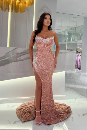 Sexy Long Dusty Rose Strapless Sequined Lace Prom Dress with Slit