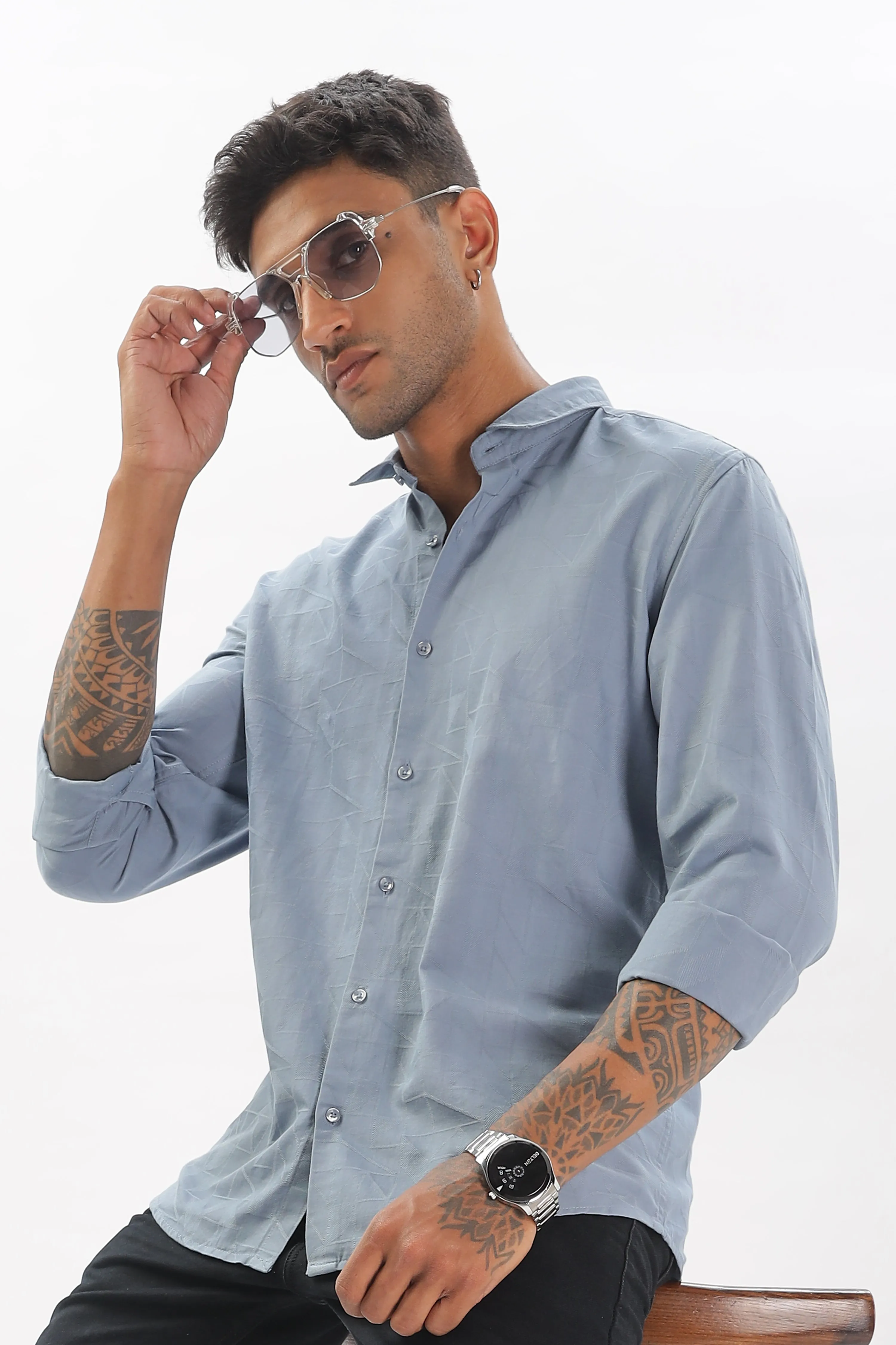 Sky Blue Textured Party Wear Shirt