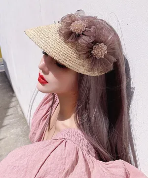 Stylish Beige Tulle Flower Empty Top Sunshade Hat Summer YU1026