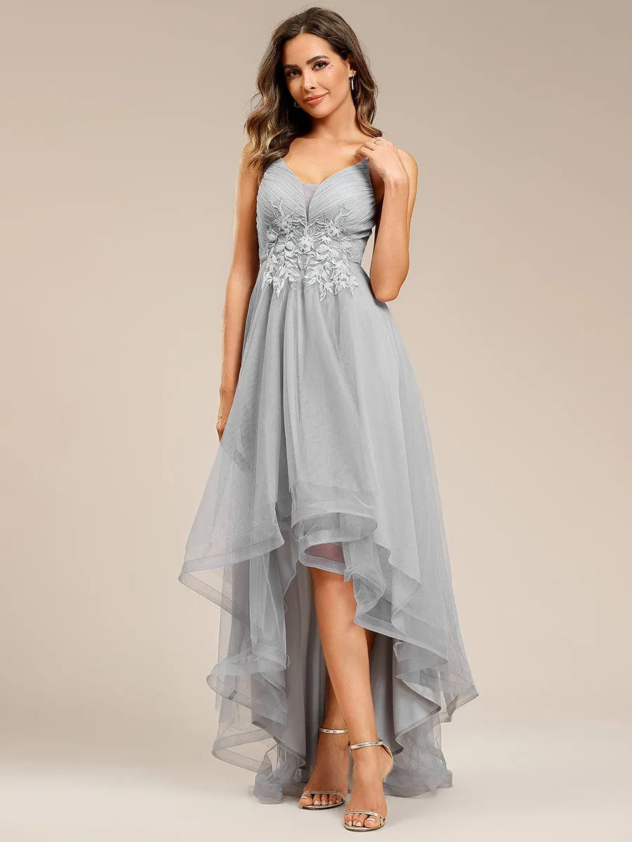 Stylish Floral Embroidered Waist High-Low Prom Dress