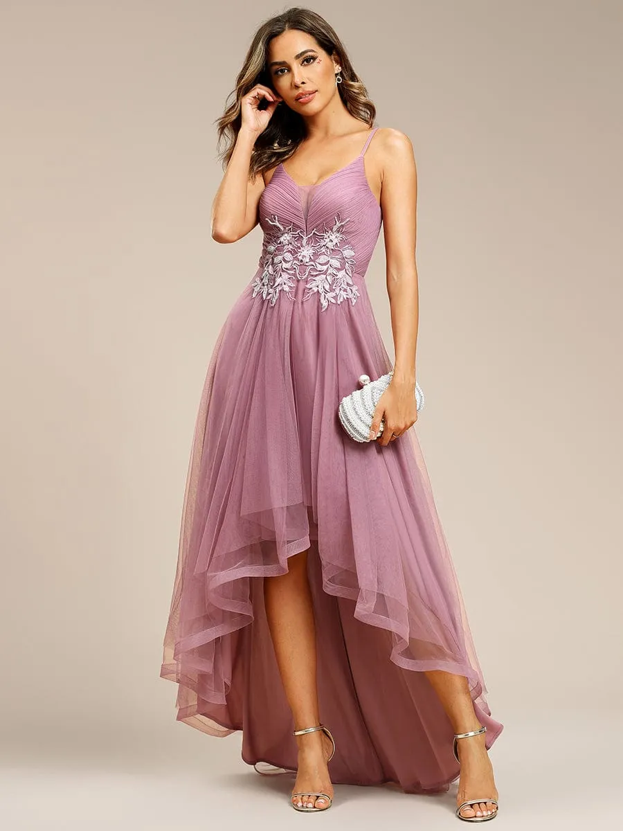 Stylish Floral Embroidered Waist High-Low Prom Dress