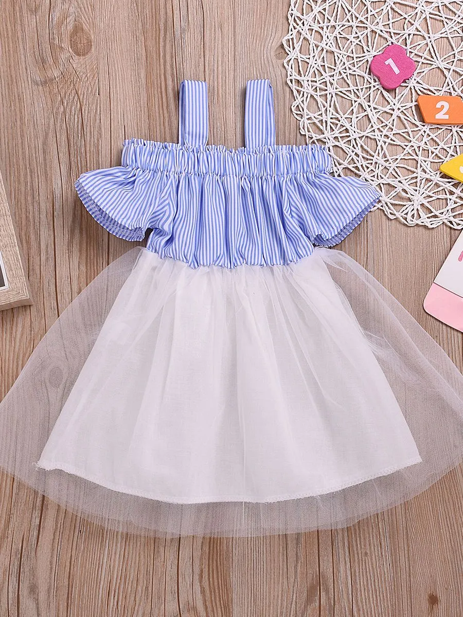 Stylish Stripe Dress White Mesh Patchwork Suspender Skirt for Baby Little Girl