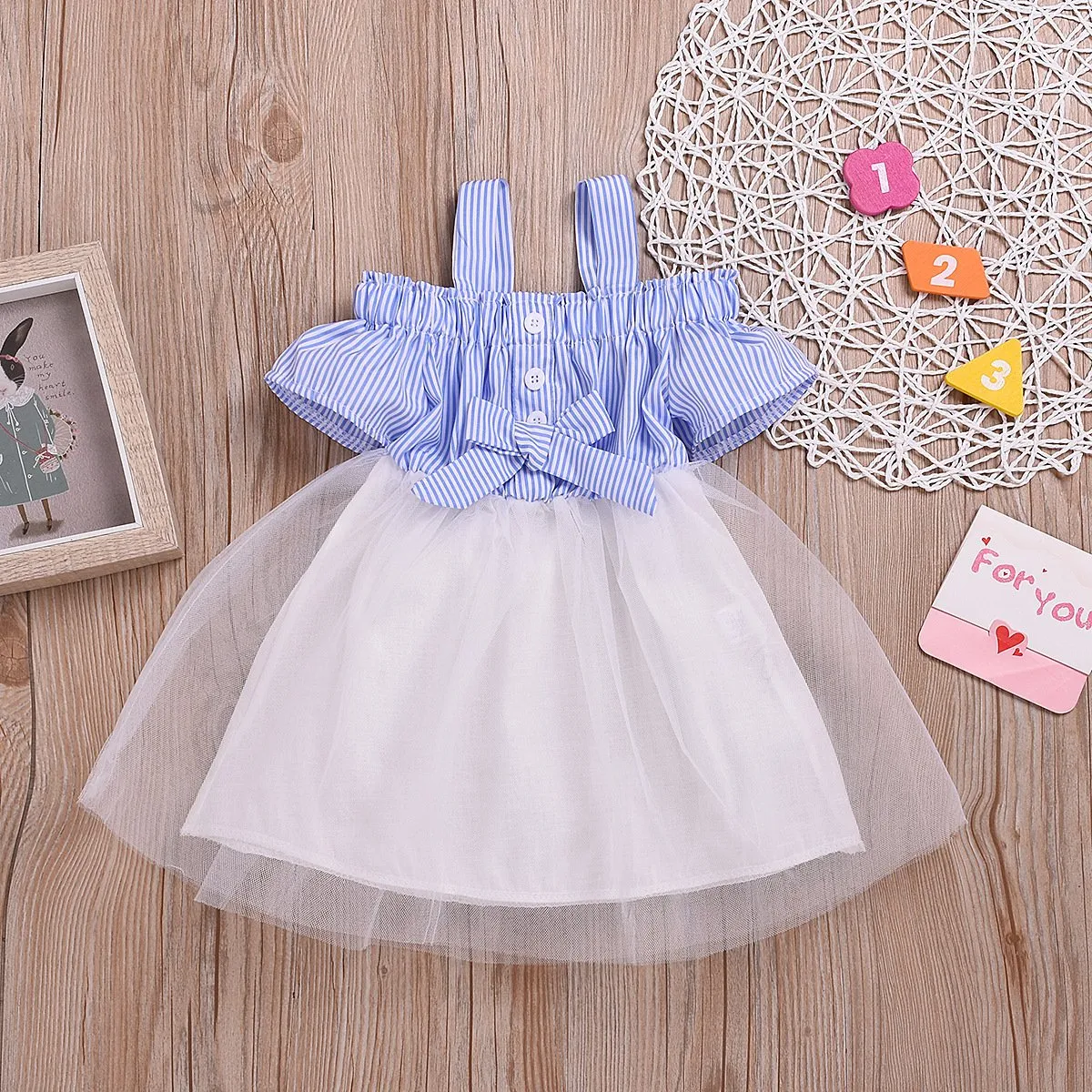 Stylish Stripe Dress White Mesh Patchwork Suspender Skirt for Baby Little Girl