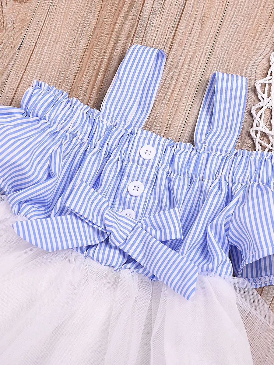 Stylish Stripe Dress White Mesh Patchwork Suspender Skirt for Baby Little Girl