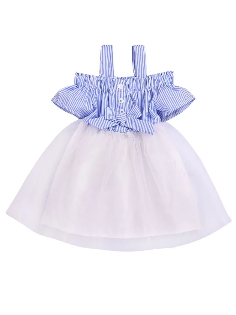 Stylish Stripe Dress White Mesh Patchwork Suspender Skirt for Baby Little Girl