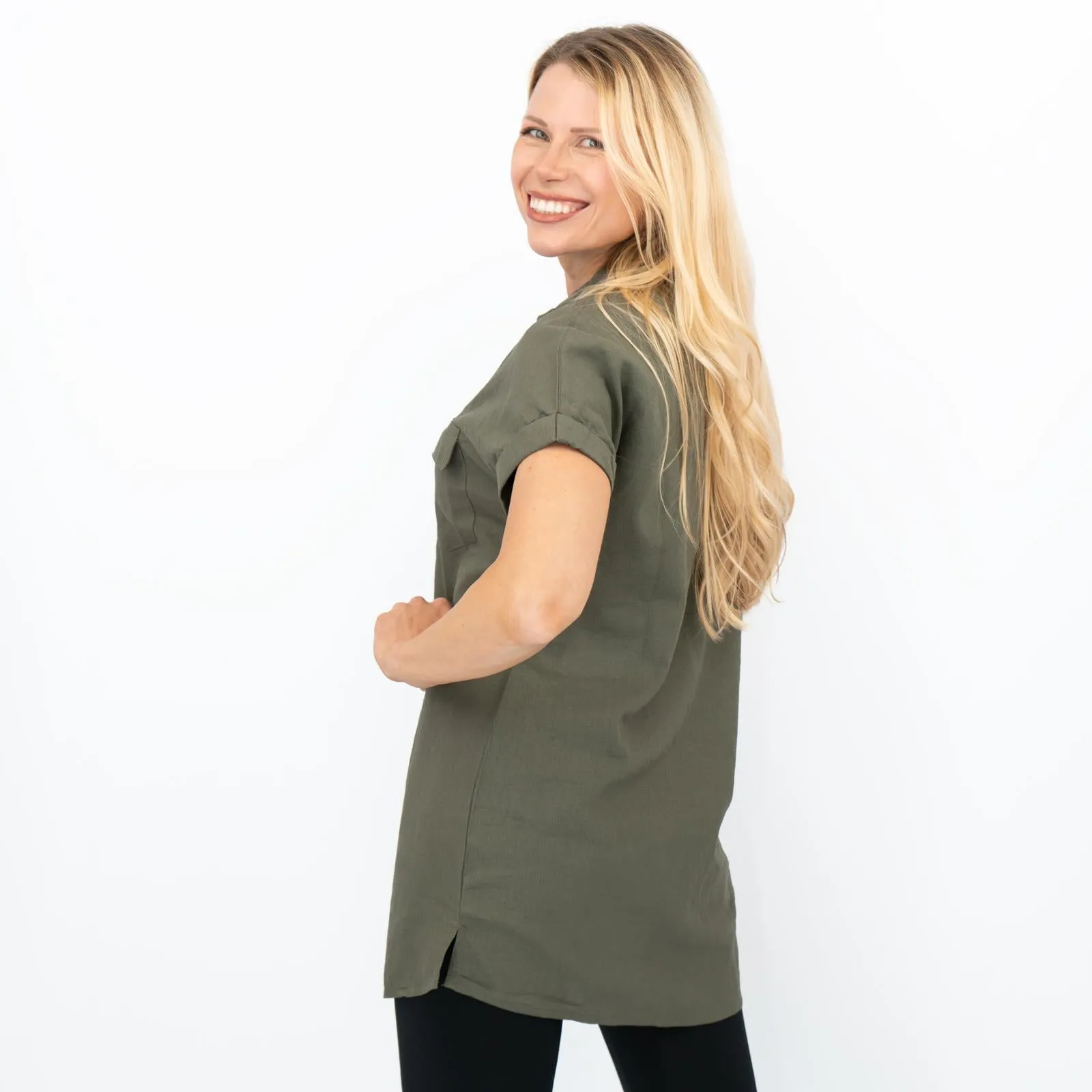 Womens Linen Tunic Khaki Short Sleeve Shirts