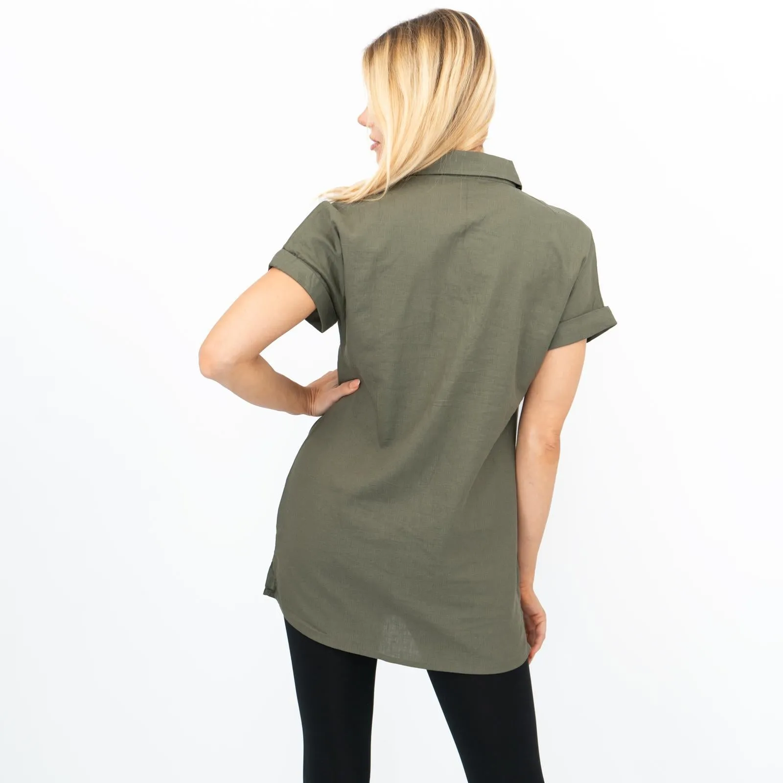 Womens Linen Tunic Khaki Short Sleeve Shirts