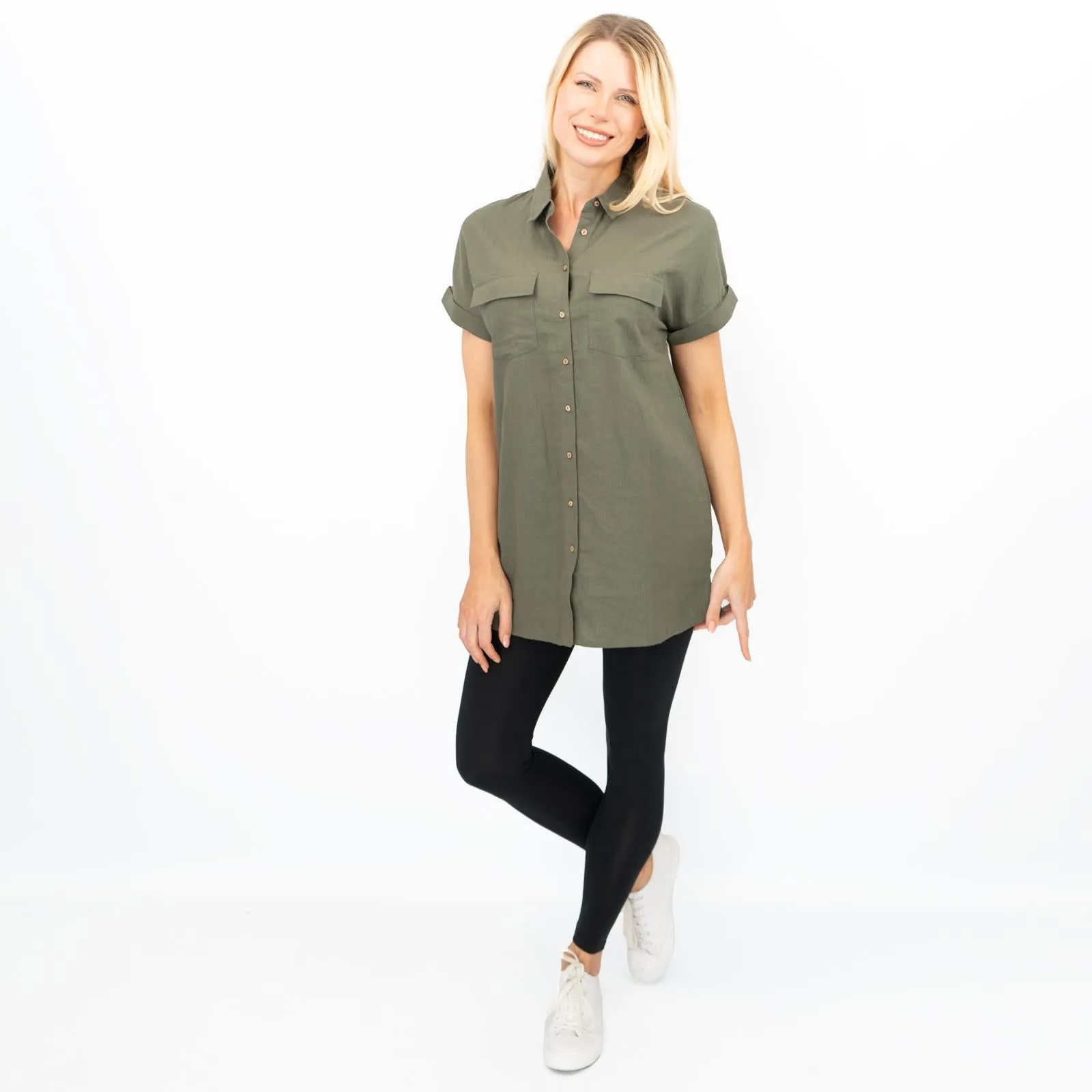 Womens Linen Tunic Khaki Short Sleeve Shirts