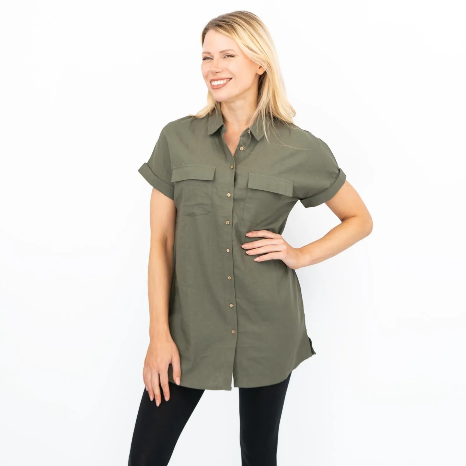 Womens Linen Tunic Khaki Short Sleeve Shirts