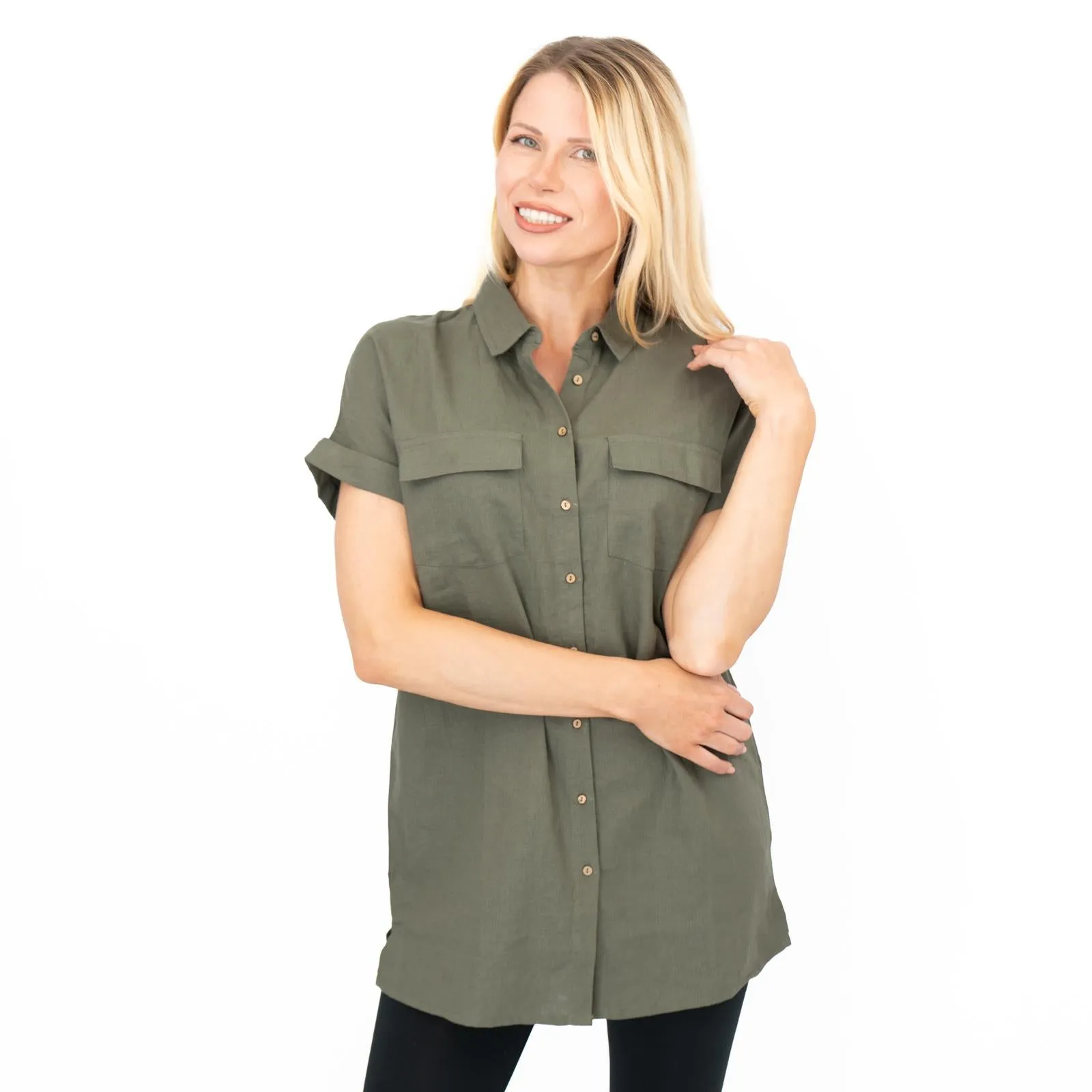 Womens Linen Tunic Khaki Short Sleeve Shirts