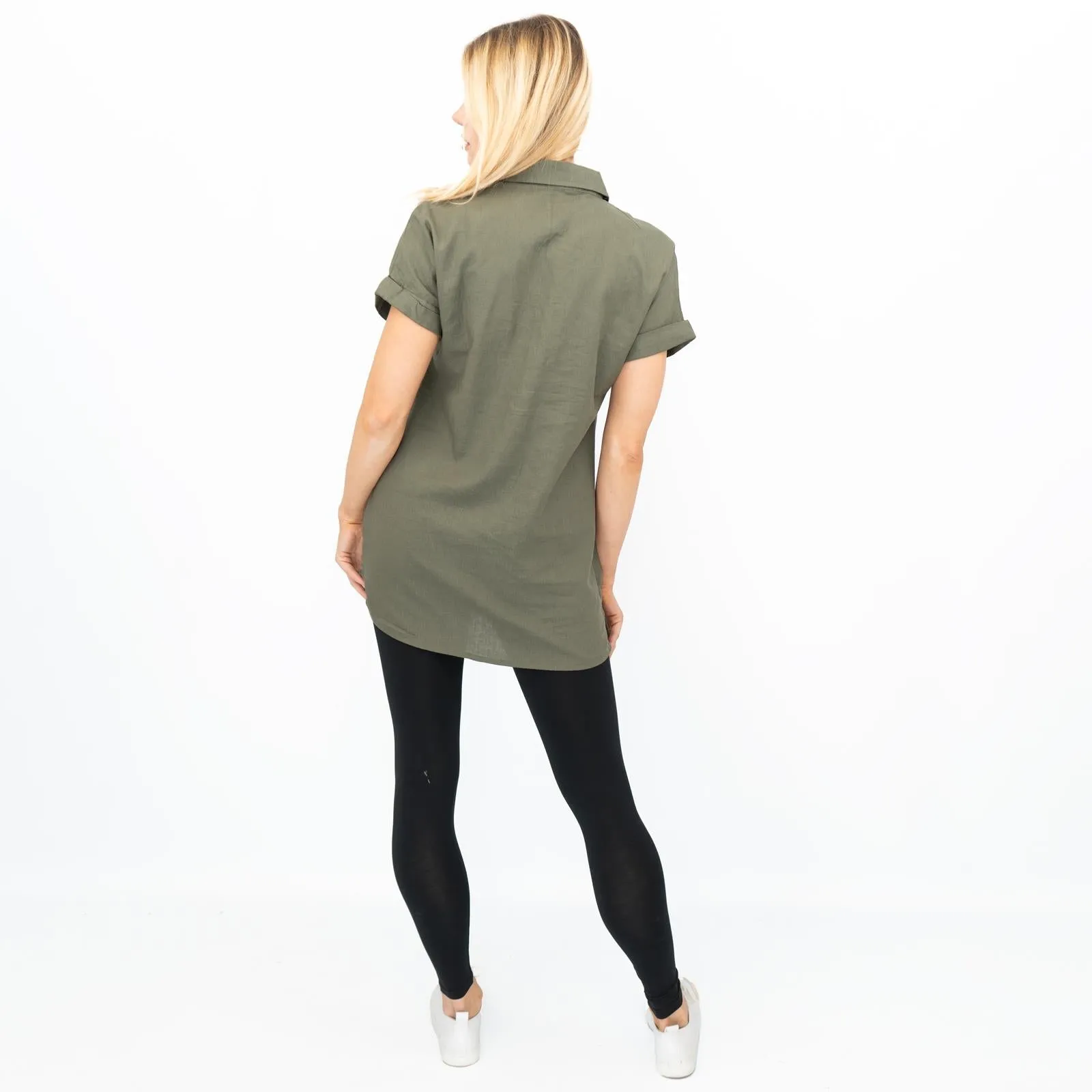 Womens Linen Tunic Khaki Short Sleeve Shirts