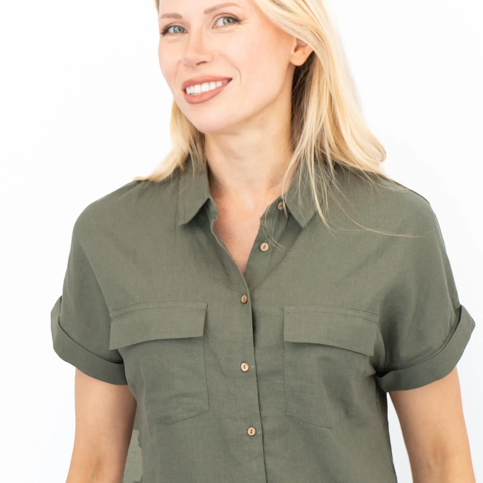 Womens Linen Tunic Khaki Short Sleeve Shirts