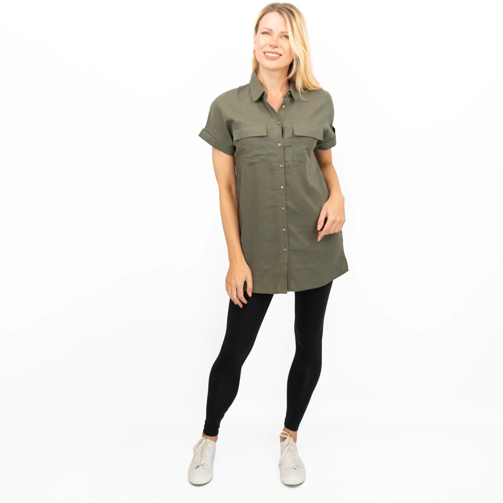 Womens Linen Tunic Khaki Short Sleeve Shirts