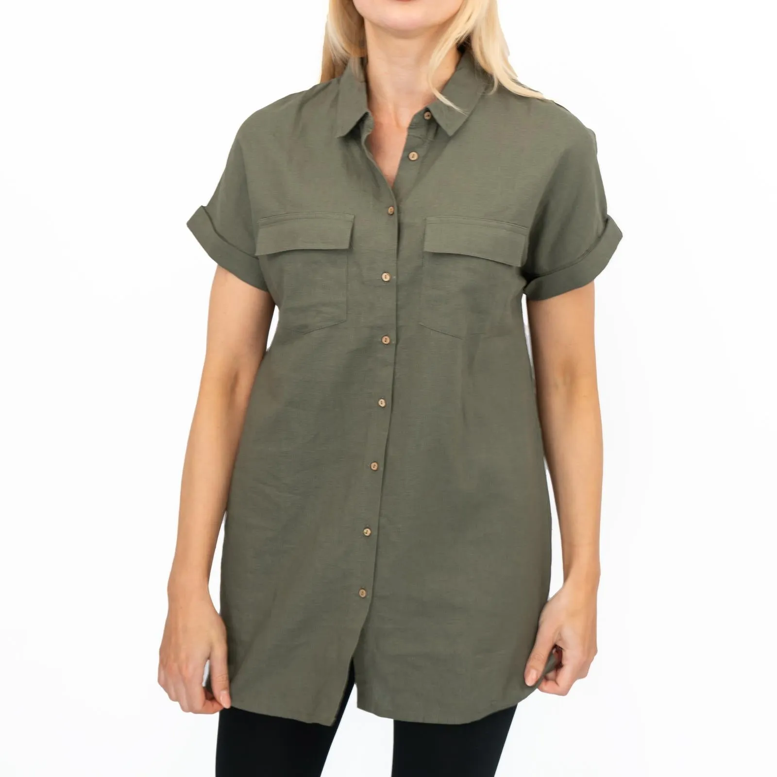 Womens Linen Tunic Khaki Short Sleeve Shirts